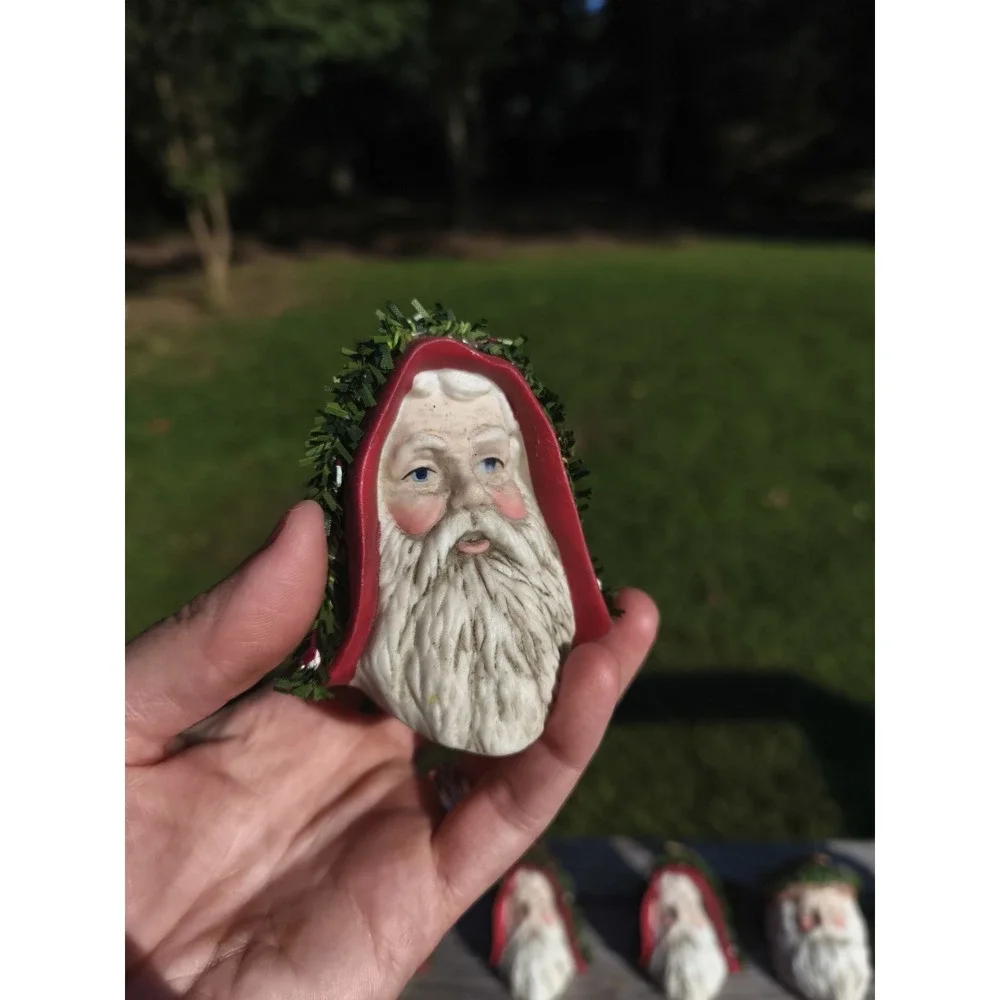 Vintage LOT Santa Claus‎ Head Christmas Ornament Ceramic Hand Painted.